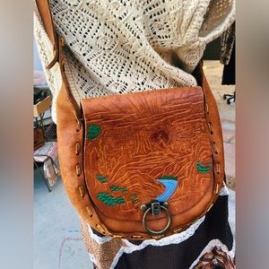 Vintage Rare 60s 70s Hand Tooled Leather Bag with Painted Scenic Desert Scene